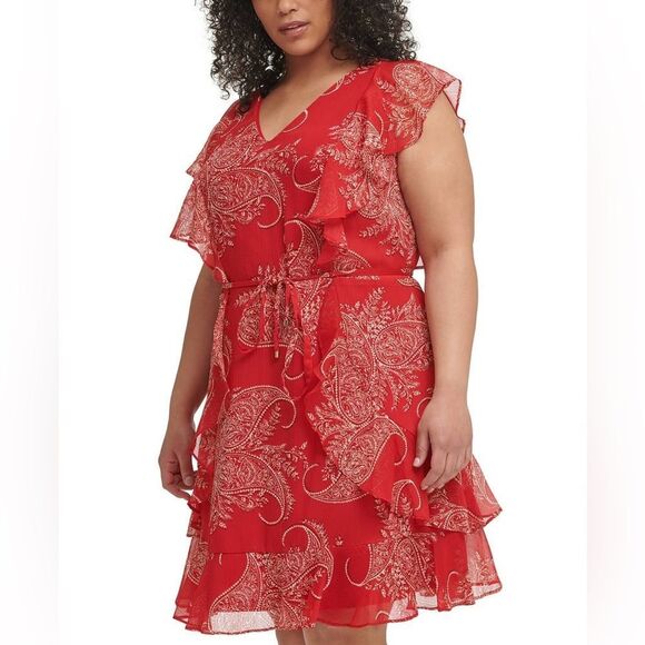 Tommy Hilfiger Red Paisley Fit Flare Ruffle Knee Length Dress Tie Waist 22W NWT - Picture 2 of 16